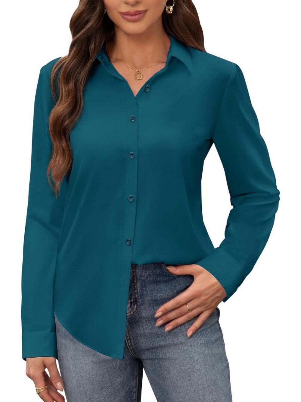 Women Peacock Blue Stain Shield Dress Long Sleeve Button Down Wrinkle Free Shirt